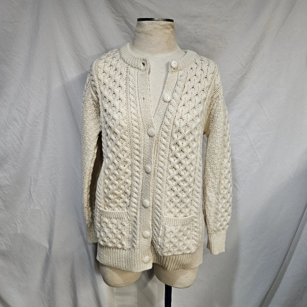 Vintage Aran Crafts Cable Knit Cream Cardigan Ireland Irish Fisherman Sweater  S